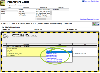 Parameters Editor with Safe Input values displayed and circled